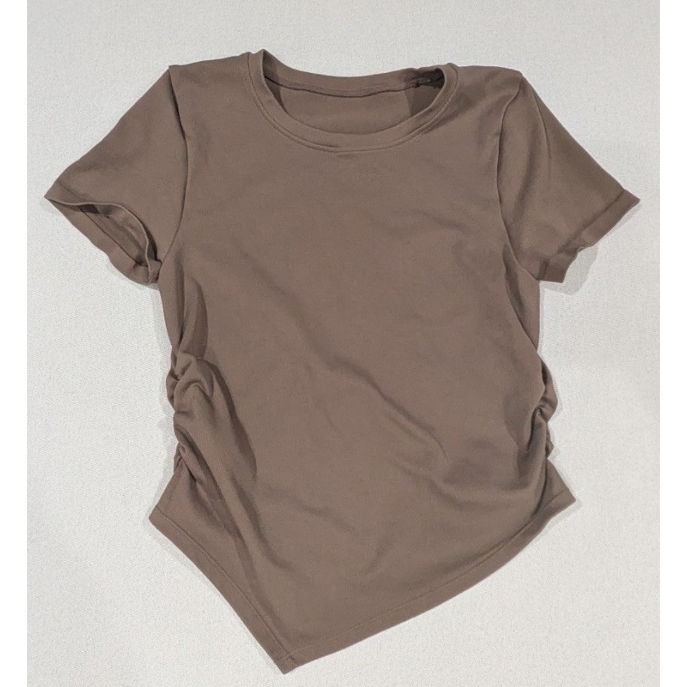 OQQ Ruched Asymmetrical T-Shirt Womens L Brown Excellent Short Sleeve Athletic